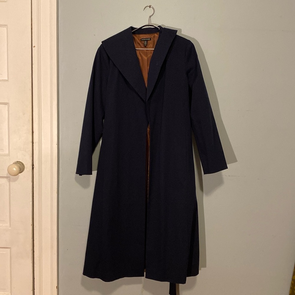 Gorgeous organic cotton, lined Eileen Fisher long wrap coat with belt, size s